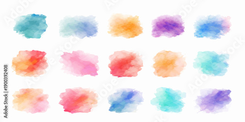 Hand drawn artistic watercolor background featuring a colorful paint brush stroke pattern and abstract splash elements on a grunge paper texture design set