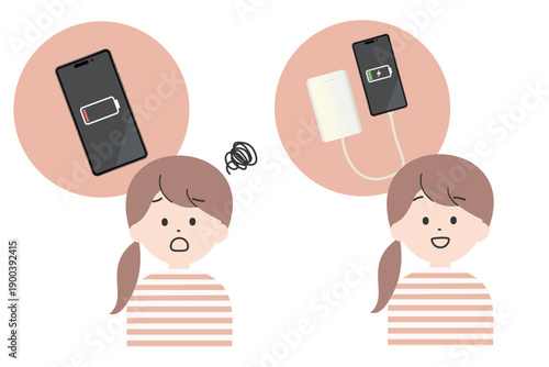 充電切れで困っている女性とモバイル充電器で充電をしている笑顔の女性