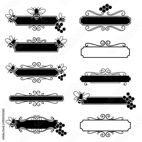 Stunning set of elegant black and white bee and honeycomb decorative banner templates perfect for branding or labeling projects