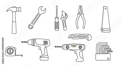 Construction Tools Outline Icon Set. Vector collection of DIY equipment including Hammer, Drill, Wrench, Saw, and Screwdriver for repair and maintenance infographics.