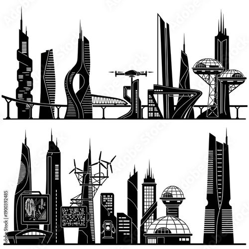 Stunning black and white silhouette of a dynamic futuristic city skyline featuring towering skyscrapers and advanced transport systems