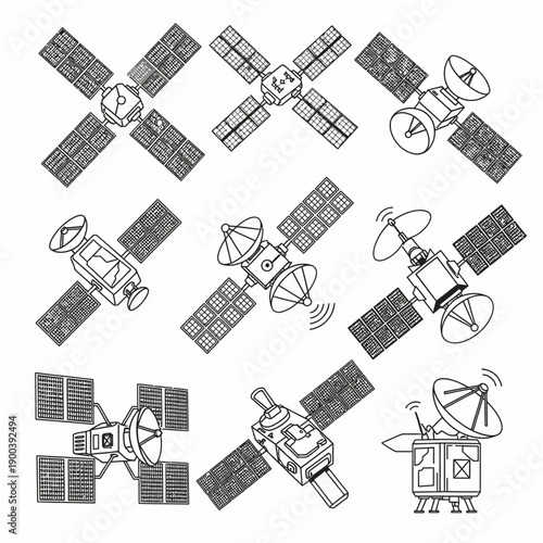 Stunning collection of diverse communication and navigation satellites featuring solar panels and transmission dishes