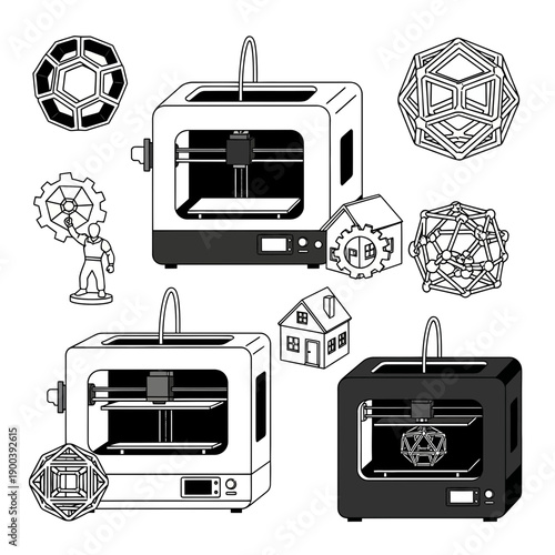 Stunning collection of black and white 3D printing machines, geometric shapes, and engineering icons perfect for tech concepts
