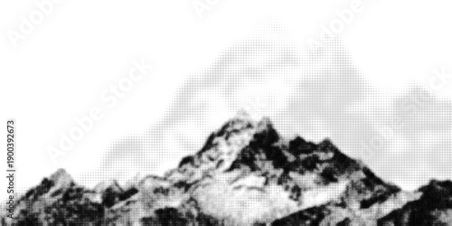 Pointillist grunge texture over abstract dotted mountain range. Vintage photocopy of snowy hills, grainy noise in mounted landscape. Retro halftone vector illustration.
