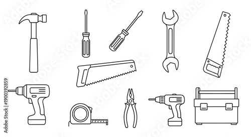 Construction and DIY Tools Outline Icons Set. Vector Line Art Collection of Hardware and Repair Equipment.