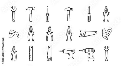 Hand Tools and Power Tools Outline Icons Set. DIY, Construction, Building, and Repair Equipment Line Art Collection.