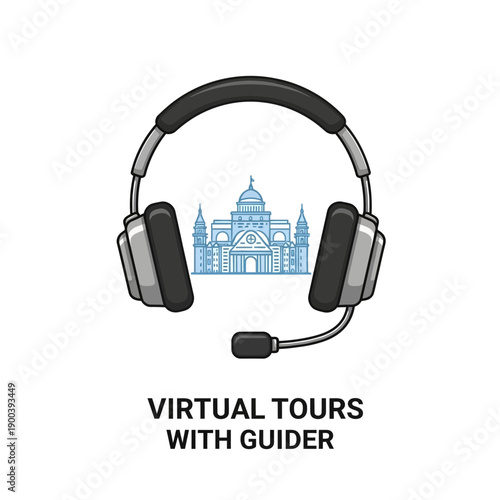 Virtual tour guide wearing headset with cityscape background