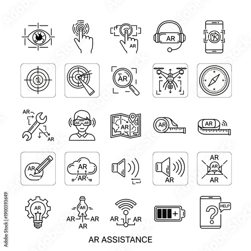 Augmented reality assistance icons for modern tech and business solutions