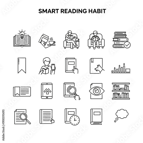 Smart reading habits illustrated in simple line icons