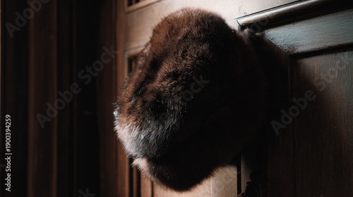 bearskin. Deep brown bearskin ushanka hat resting on a dark wooden coat rack. wildlife magazines, conservation campaigns, designed for wildlife conservation campaigns and eco-tourism storytelling.
