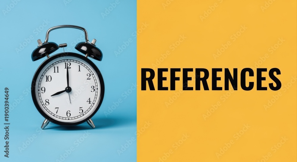 Fototapeta premium Alarm clock on blue background indicating time to collect references for a yellow background