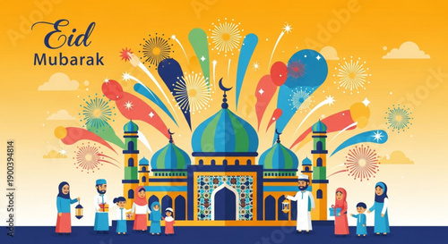 Vibrant eid mubarak celebration with mosque and fireworks at sunset