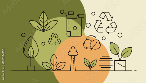 Line art illustration depicting various environmental and ecological concepts including recycling, plant growth, nature, and sustainable energy on a green and beige background.