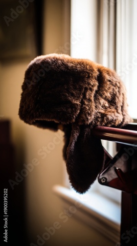 bearskin. Deep brown bearskin ushanka hat resting on a dark wooden coat rack. wildlife magazines, conservation campaigns, designed for wildlife conservation campaigns and eco-tourism storytelling.
