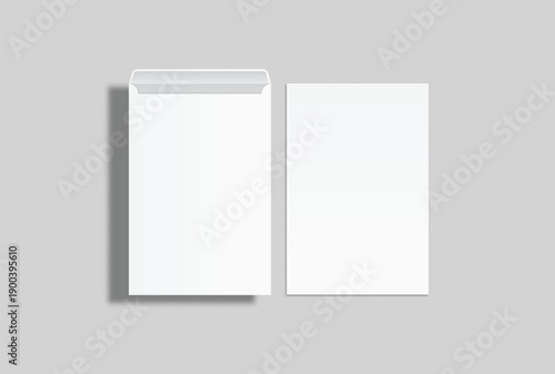 White mailing envelope mockup with open and closed flaps on a clean gray background, minimal stationery packaging template for business correspondence, branding, print design, and postal presentation.