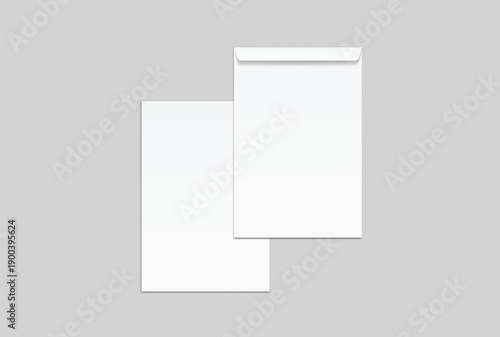 White mailing envelope mockup with open and closed flaps on a clean gray background, minimal stationery packaging template for business correspondence, branding, print design, and postal presentation.