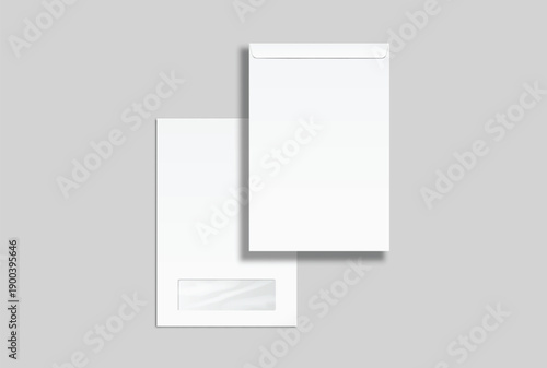 White mailing envelope mockup with open, closed flaps with transparent window, minimal stationery packaging template for business correspondence, branding, print design, and postal presentation.