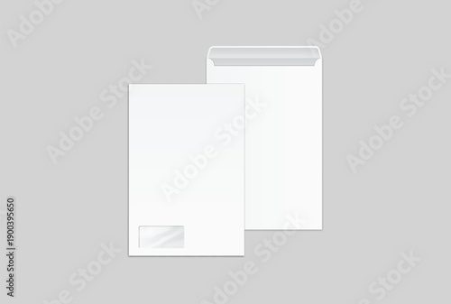 White mailing envelope mockup with open, closed flaps with transparent window, minimal stationery packaging template for business correspondence, branding, print design, and postal presentation.