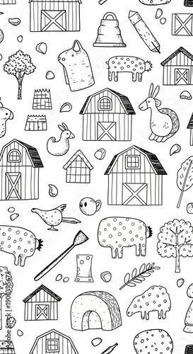 Farmyard Animals and Barns Illustration, Whimsical Farm Theme, Playful Design in Monochrome