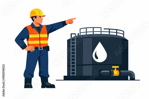 Industrial worker in blue uniform pointing towards an oil storage tank with a drop symbol