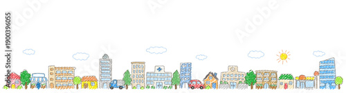クレヨンタッチの手描き風 街並みイラスト 横長ベクター背景