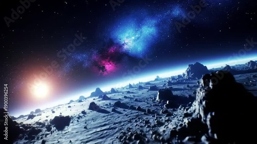 Animated Cosmic Scene with Rocky Planet Horizon. Serene Space Animation with Starry Background. Planet Surface with Distant Star Glow Video.