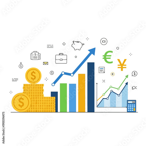 Financial Growth Concept: Charts, Coins, Currency Symbols, and Piggy Bank