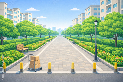 Modern apartment complex illustration with residential interiors, community facilities, and outdoor shared spaces