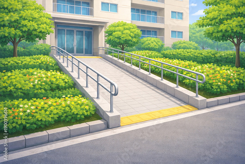 Modern apartment complex illustration with residential interiors, community facilities, and outdoor shared spaces