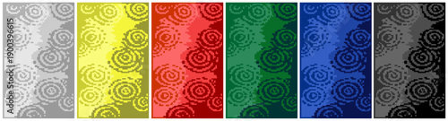 Colorful vertical panels with swirling abstract patterns in gray, yellow, red, green, blue, and black tones.