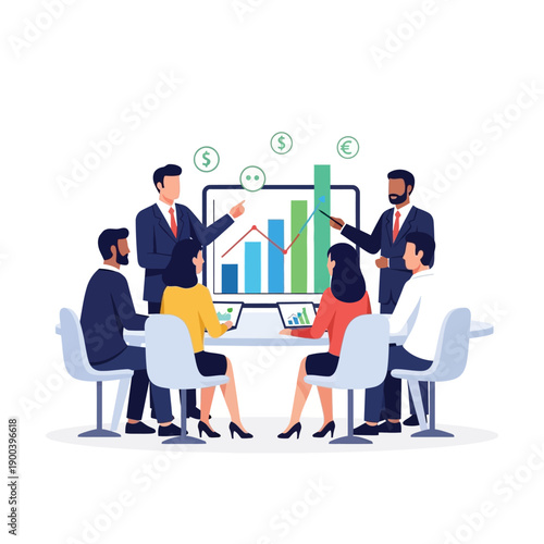Business team analyzing financial growth chart during meeting, financial success concept