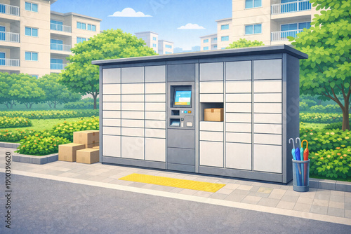 Modern apartment complex illustration with residential interiors, community facilities, and outdoor shared spaces