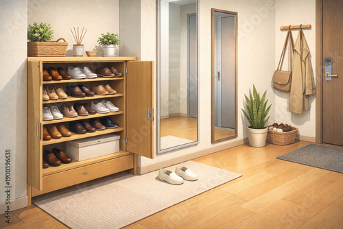 Modern apartment complex illustration with residential interiors, community facilities, and outdoor shared spaces