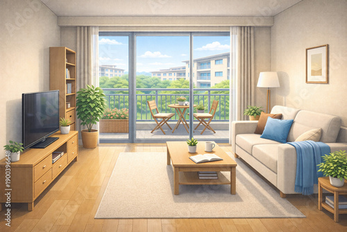 Modern apartment complex illustration with residential interiors, community facilities, and outdoor shared spaces