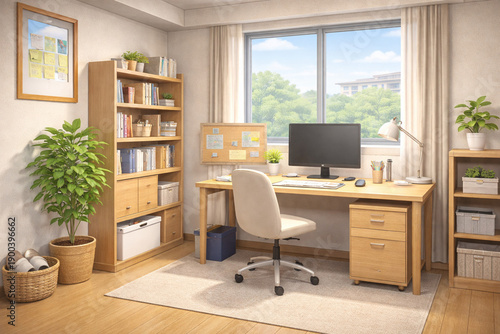 Modern apartment complex illustration with residential interiors, community facilities, and outdoor shared spaces