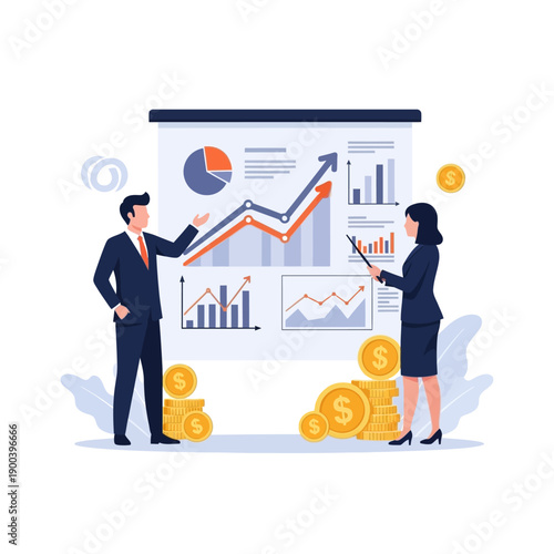 Business meeting with financial analytics and growth charts, coin stacks