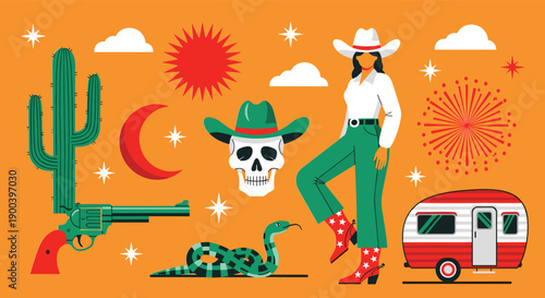Wild West Cowboy Set with Cowgirl Cactus Skull Snake Revolver Trailer Sun Moon and Stars Icons for Desert Adventure Design, cad drawing flat vector illustration