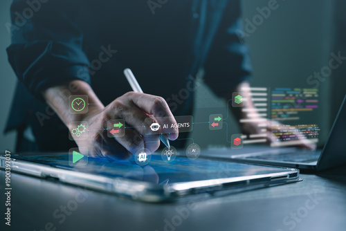 Konstfotografi Businessman working with AI agents workflow interface, automation, data flow, intelligent agents, smart process automation, artificial intelligence system, modern digital business operations