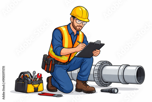 Industrial worker inspects pipeline with flashlight and clipboard, checking pressure gauge