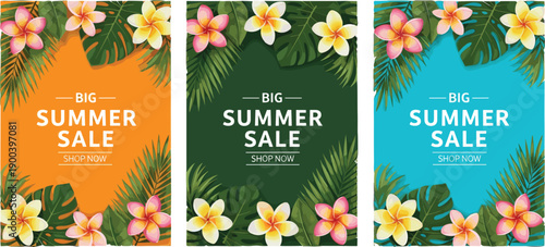 Big Summer Sale Vertical Banners Set with Tropical Plumeria Flowers Monstera Leaves Palm Fronds and Bright Colorful Backgrounds Vector Illustration, cad drawing flat vector illustration