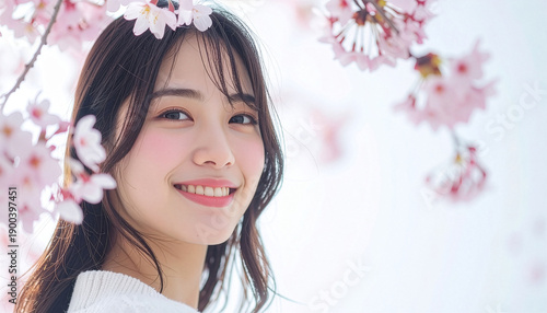 満開の桜の木を背景に笑顔でふりかえる若い桜色の肌をした健康的な日本人女性。10代・20代・お花見・春・入学式・卒業式・記念撮影。Generative AI. Adobe Firefly.