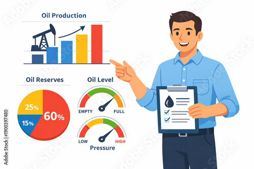 Oil industry analytics presentation with charts and gauges showing production and reserves