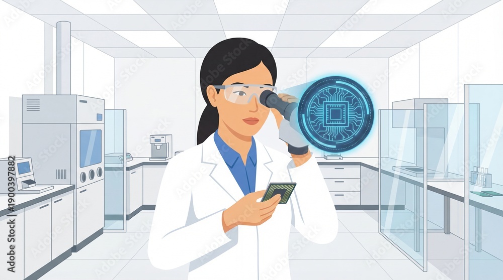 Fototapeta premium A female scientist examining a microchip in a modern laboratory setting with a magnifying glass