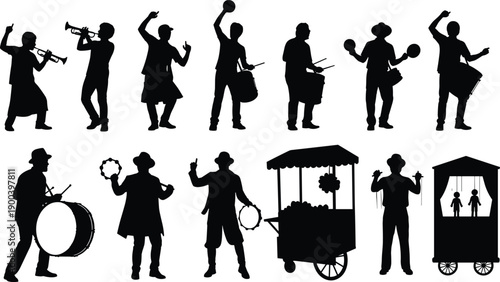 Street musicians and performers silhouette set, people playing instruments, drummers and entertainers in black vector illustration for festival, carnival, music, performance concepts