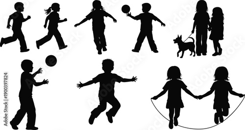 Children outdoor play silhouette set, kids running, jumping, playing ball and skipping rope in black vector illustration for childhood, activity, fun, lifestyle concepts