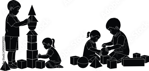 Children playing with building blocks silhouette illustration, kids stacking shapes and learning through play, black vector design for education, creativity, development concepts