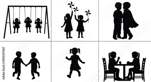 Children daily activities silhouette set, kids playing, running, swinging and studying in black vector illustration for education, childhood lifestyle, family, growth concepts