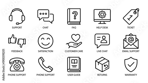 Customer Service and Support Line Icon Set featuring Headset, Chat, FAQ, Help Desk, Ticket, Feedback, Satisfaction, Customer Care, Live Chat, Email Support, Phone, User Guide, Returns, and Warranty.