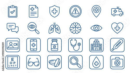 Comprehensive set of 24 blue line icons for healthcare, telemedicine, and eye care. Includes medical symbols, organs, hospital equipment, ophthalmology tools, and digital health communication icons.