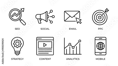 Set of Digital Marketing Strategy Line Icons: Minimalist Vector Graphics for SEO, Social Media, Email, PPC Advertising, Business Strategy, Content, Data Analytics, and Mobile Marketing.
